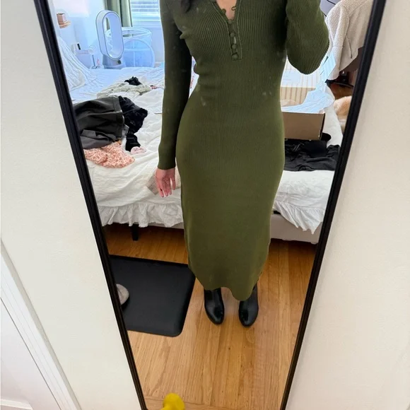 Sezane Olive Green Loretta Knit Dress - www.threedaughtersproperties.com Sezane Olive Green Loretta Knit Dress - www.threedaughtersproperties.com